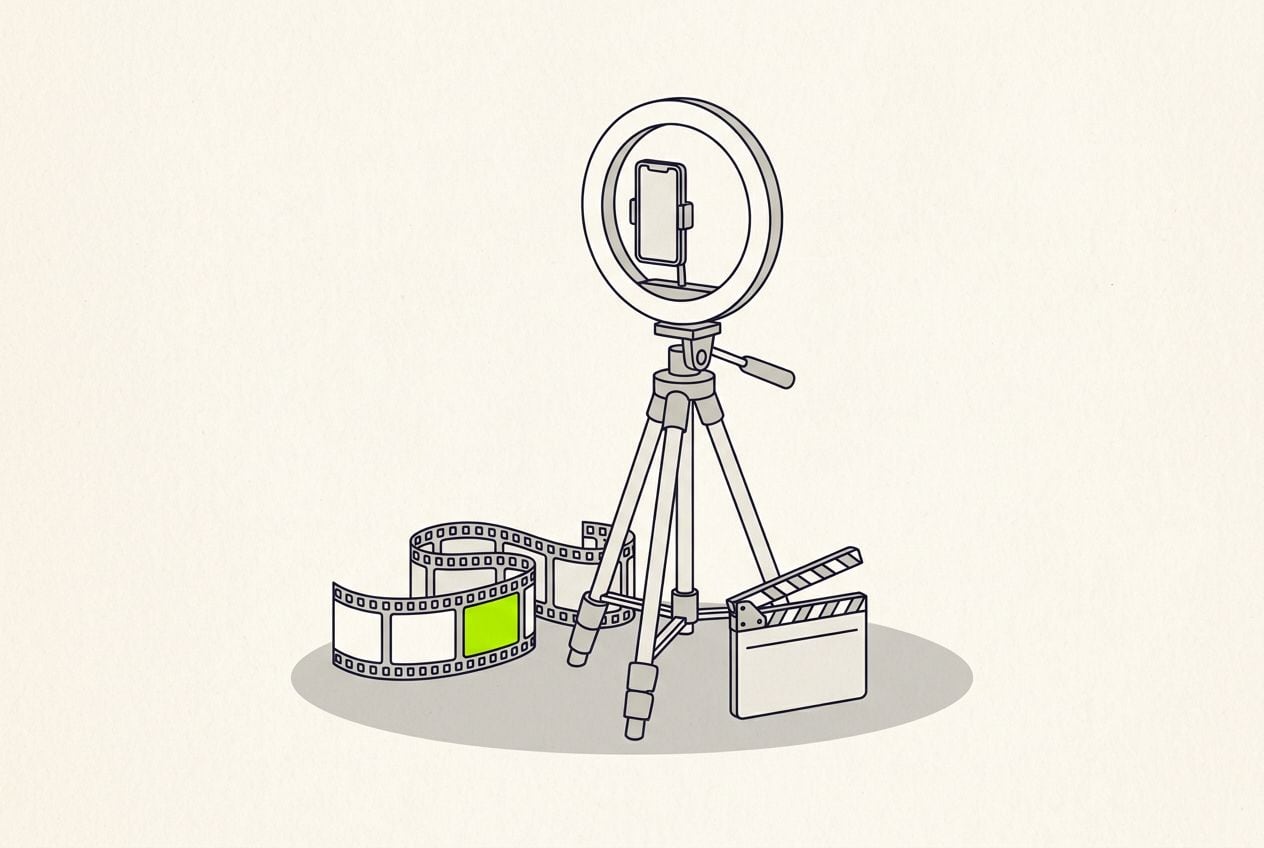 Drawn scene: a ring light and a phone on a tripod, with a film strip with one frame marked in lime.