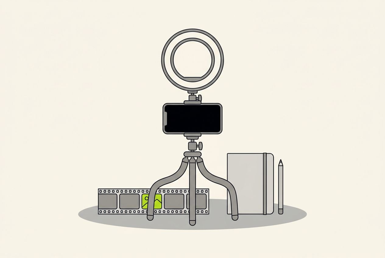 Drawn scene: a ring light and a phone on a tripod, with a film strip with one frame marked in lime.