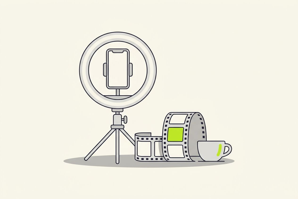 Drawn scene: a ring light and a phone on a tripod, with a film strip with one frame marked in lime.
