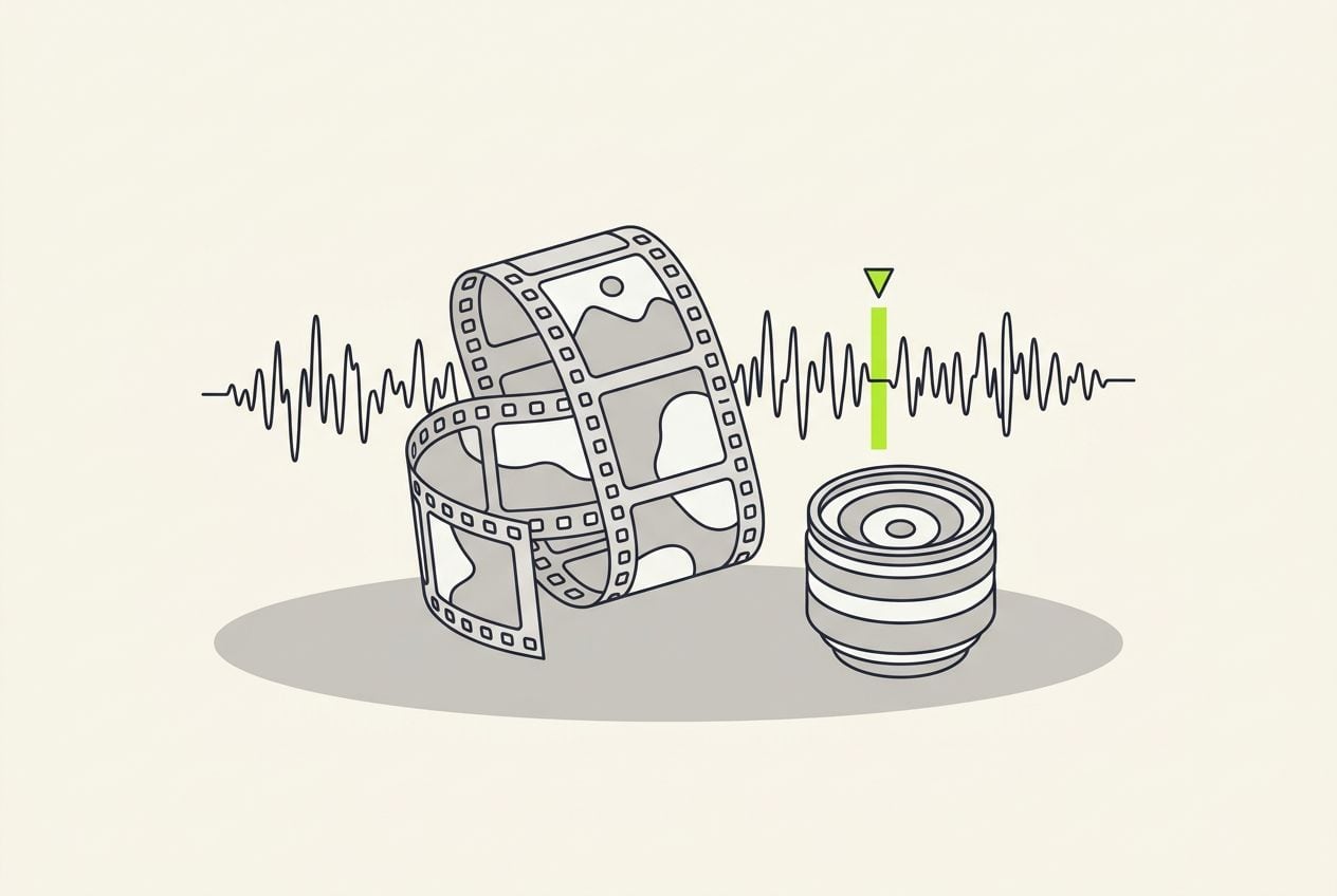 Drawn desk scene: a film strip and a waveform with one lime cut mark.