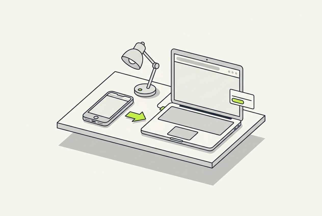 Drawn desk scene: a phone and a laptop with a lime arrow between them.