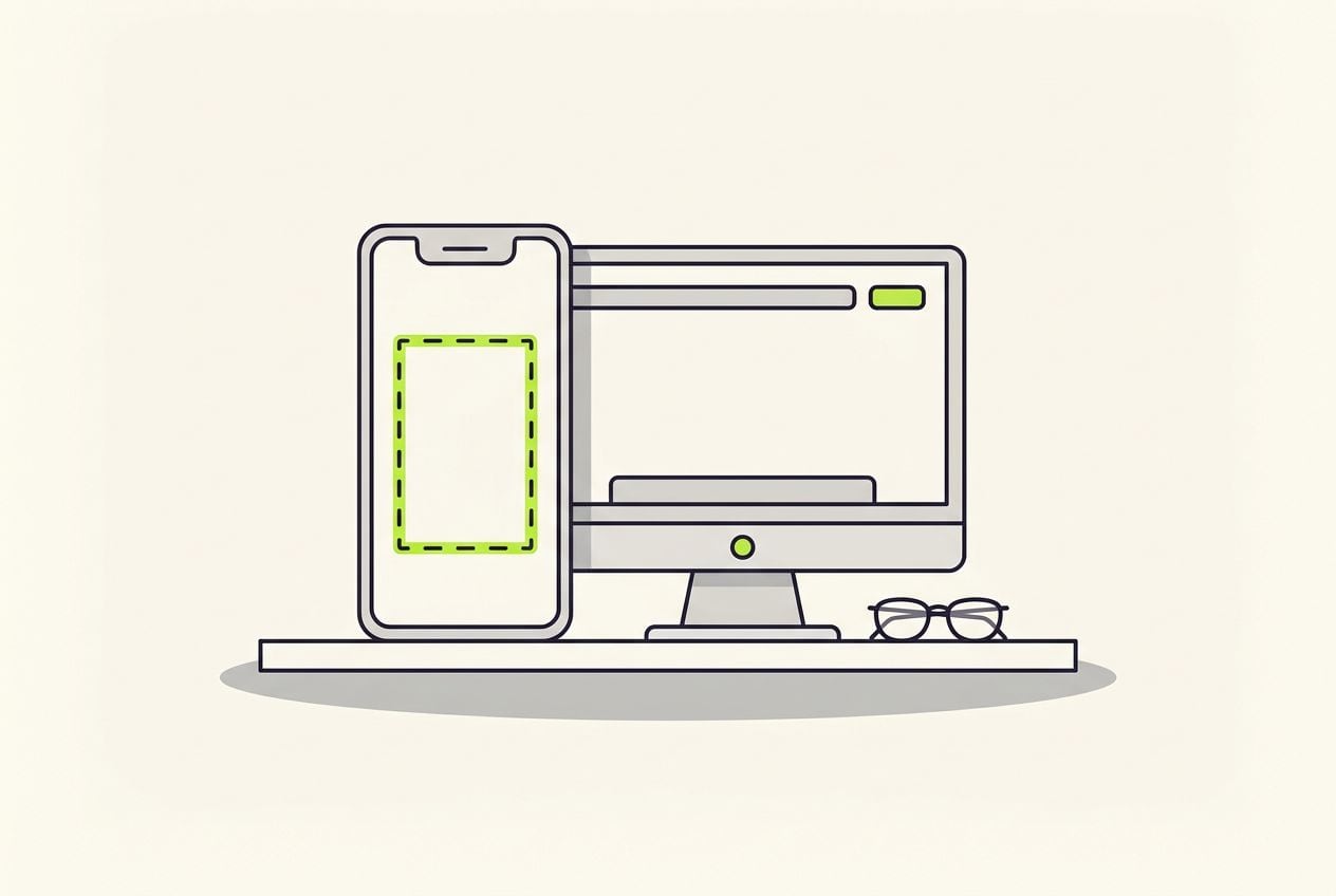 Drawn desk scene: a tall phone frame beside a wide screen frame, a dashed lime rectangle inside the tall one.