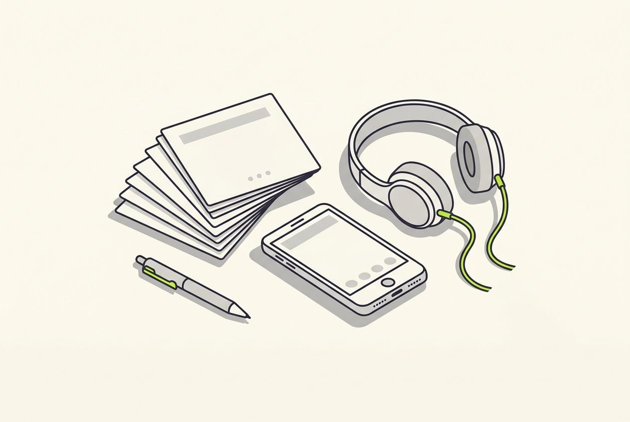 Drawn desk scene: a stack of blank cards fanning out beside a phone.