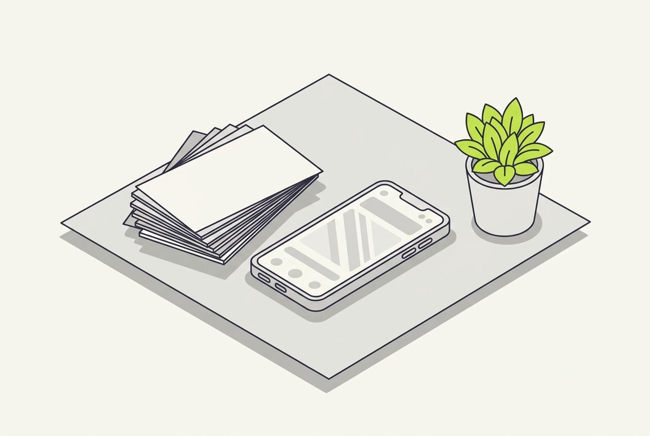 Drawn desk scene: a stack of blank cards fanning out beside a phone.