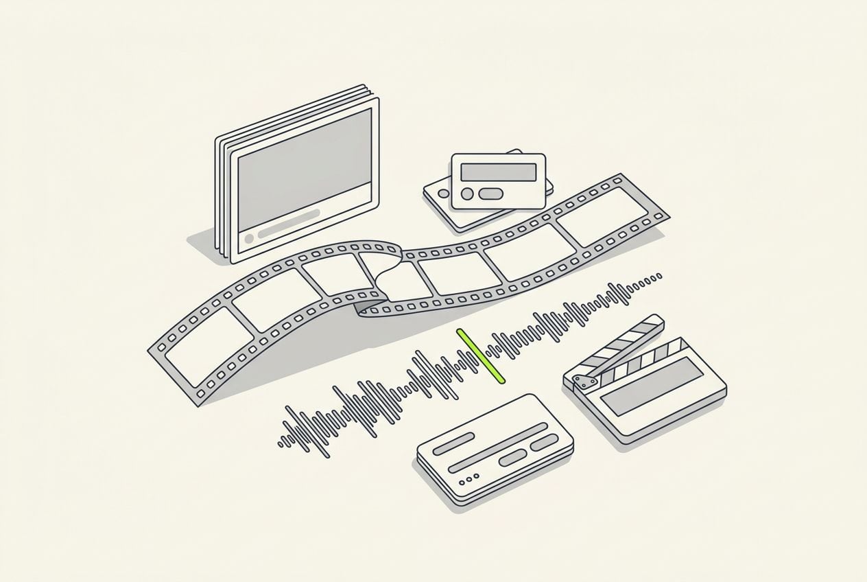 Drawn desk scene: a film strip and a waveform with one lime cut mark.