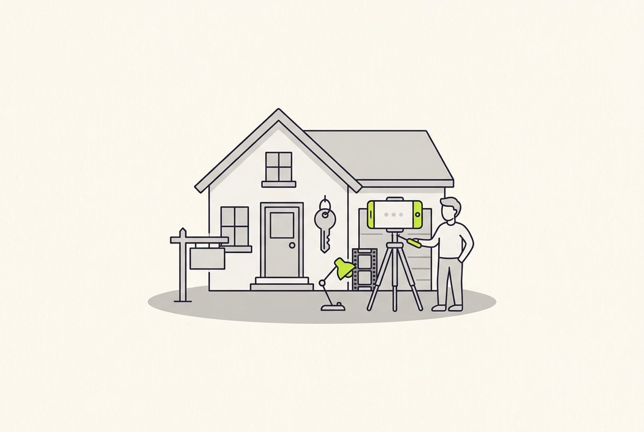 Drawn scene: a house front with a small sign post and a key, with a phone on a tripod filming and a short film strip.