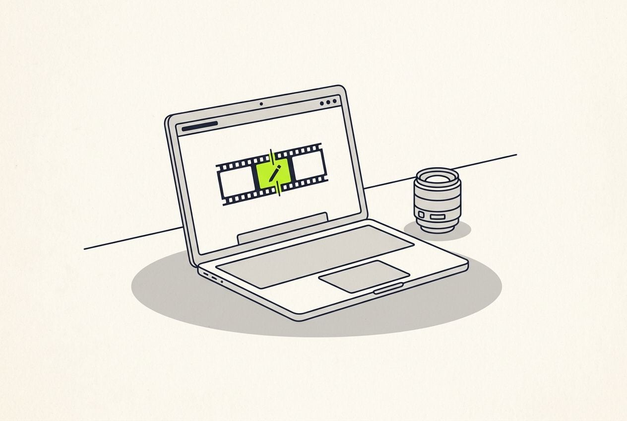 Drawn desk scene: a laptop with a short film strip and one lime cut mark.