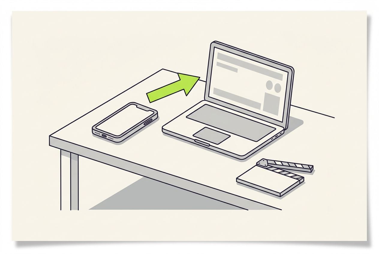 Drawn desk scene: a phone and a laptop with a lime arrow between them.