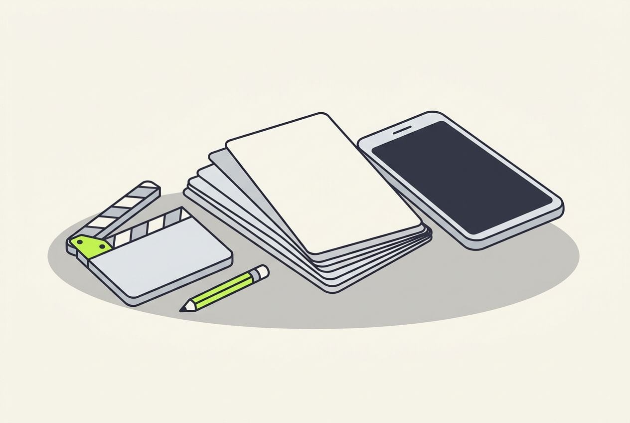 Drawn desk scene: a stack of blank cards fanning out beside a phone.