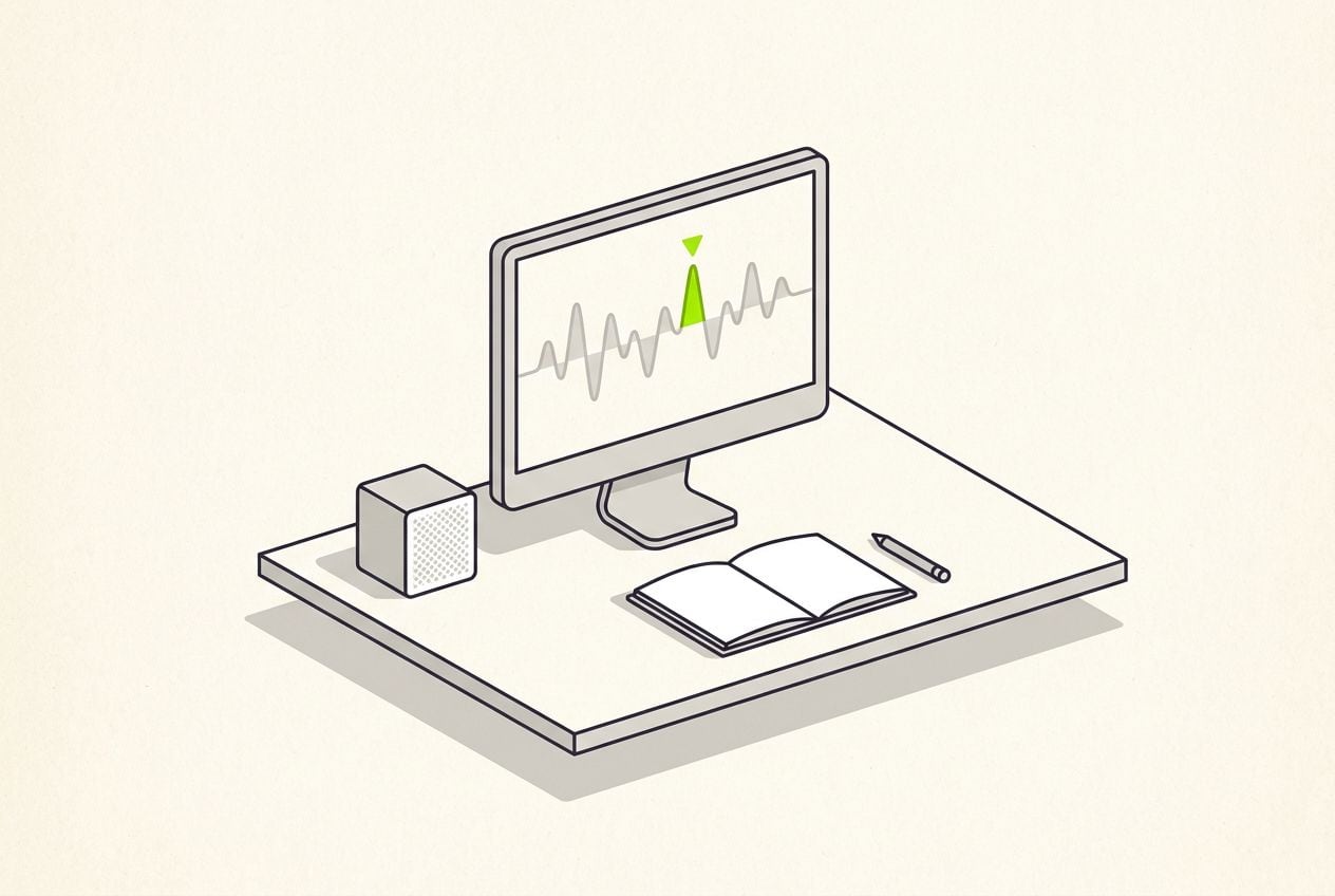 Drawn desk scene: a waveform on a screen with one lime peak marker and a small speaker.