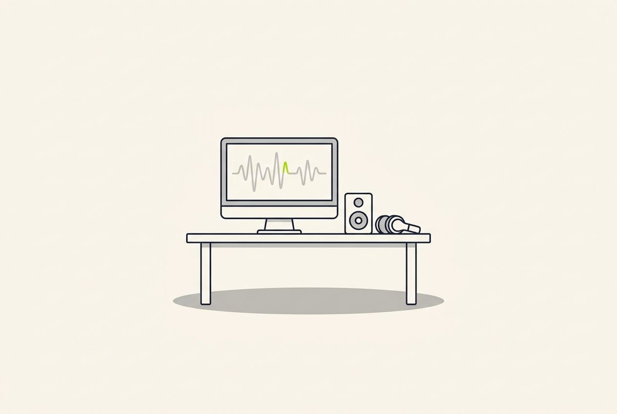 Drawn desk scene: a waveform on a screen with one lime peak marker and a small speaker.