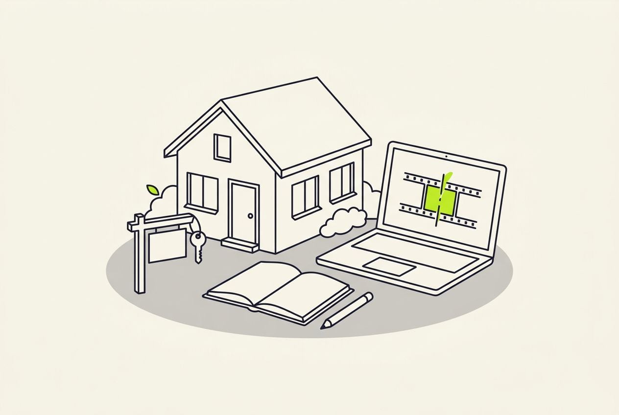 Drawn scene: a house front with a small sign post and a key, with a laptop with a short film strip and one lime cut mark.
