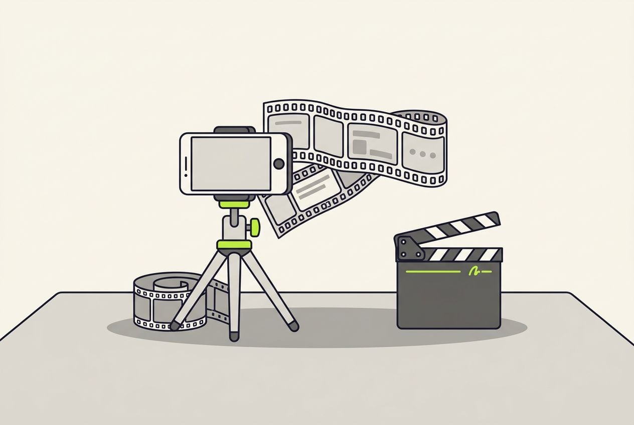 Drawn desk scene: a phone on a tripod filming and a short film strip.