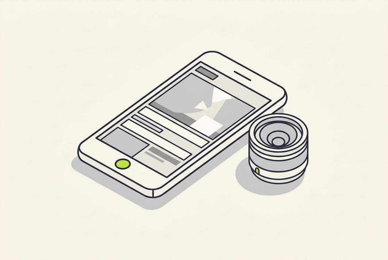 Drawn desk scene: a phone screen with bold blank label bars over a video.