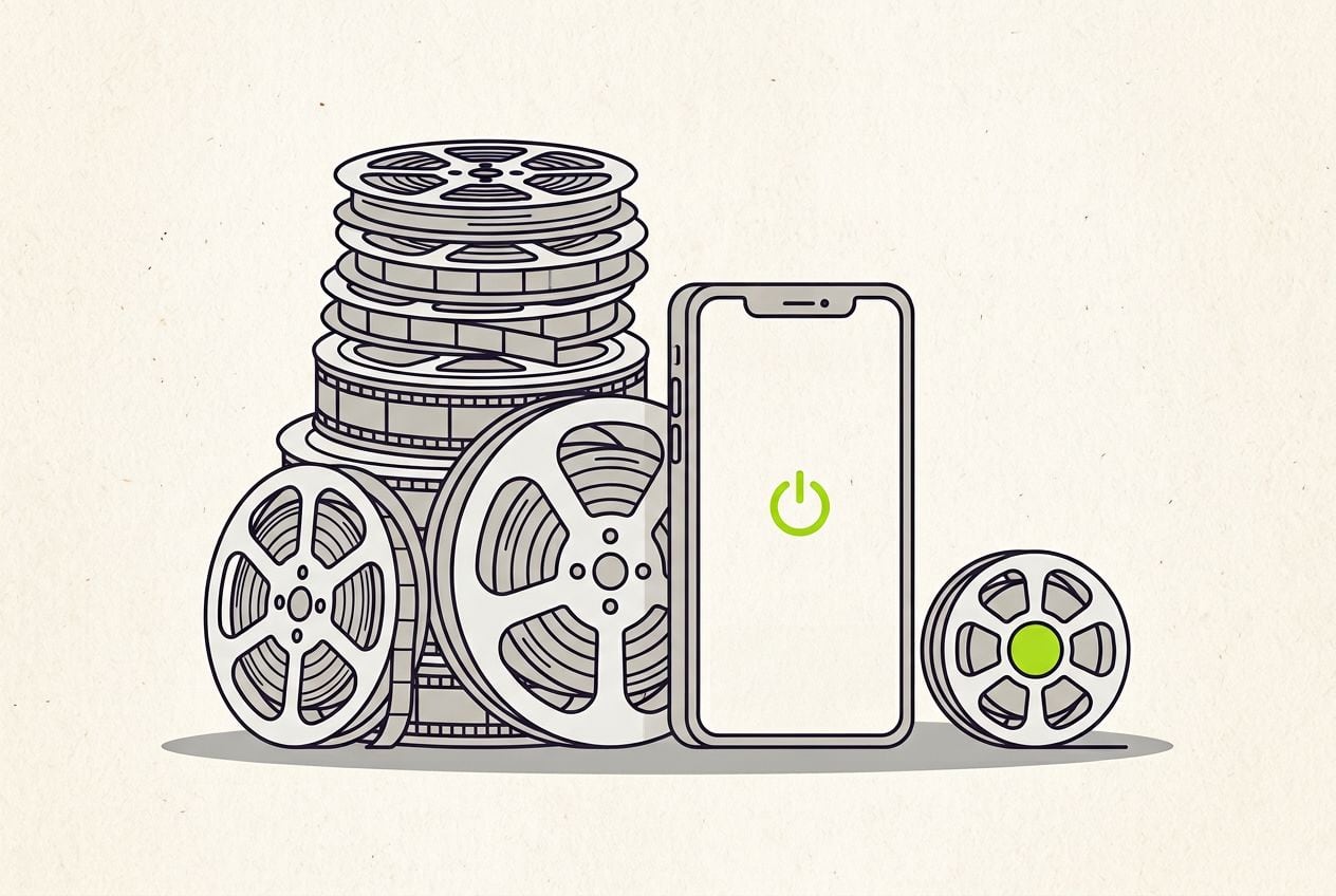 A drawn stack of film reels on the left, one small reel on the right, a phone between them.