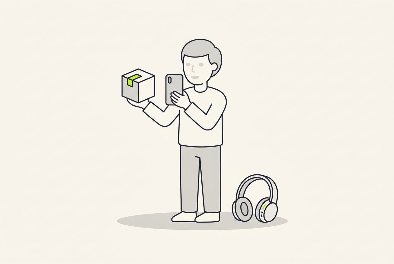 Drawn scene: seller holding product filming phone.