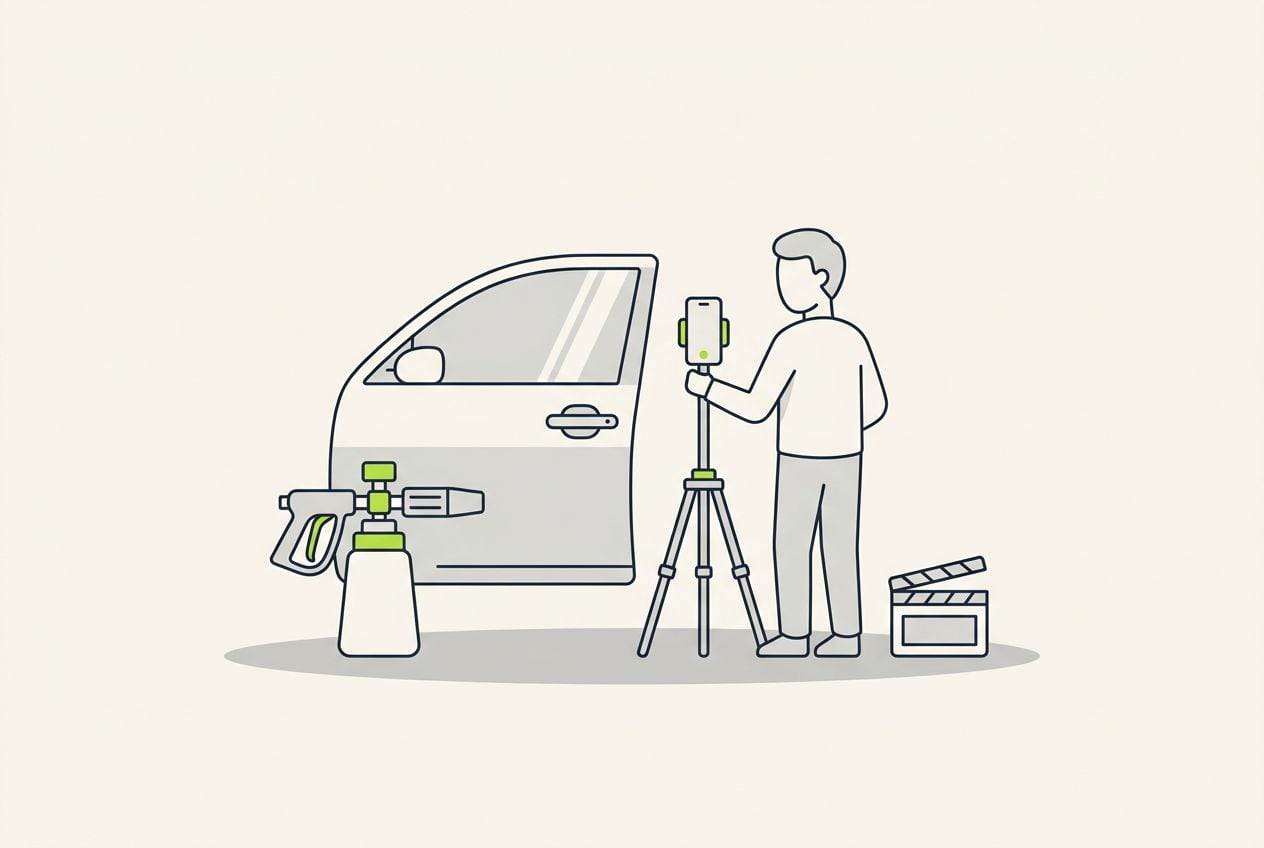 Drawn scene: a polished car door and a foam cannon, the owner filming a short vertical video on a phone.