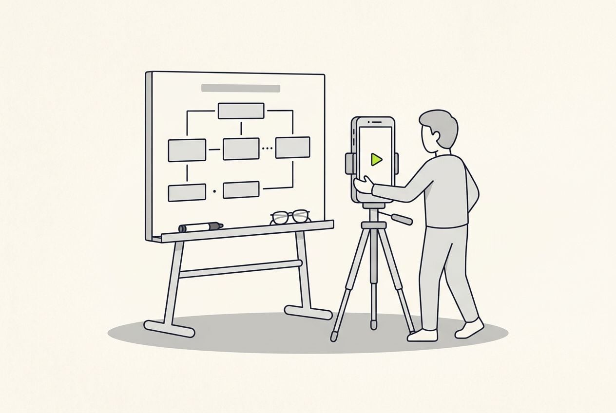 Drawn scene: a whiteboard with blank boxes and a marker, the owner filming a short vertical video on a phone.