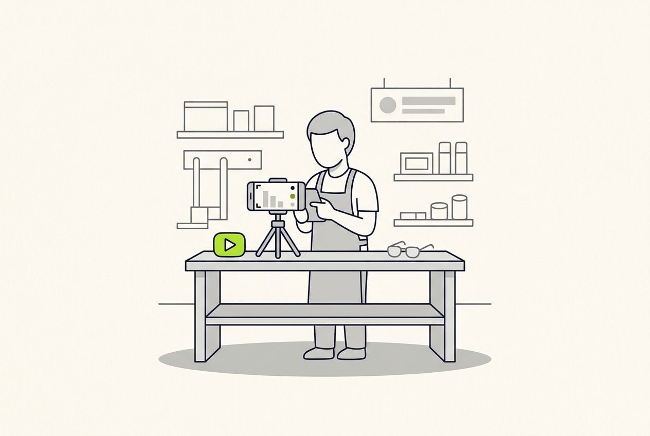 Drawn scene: a small workshop counter, the owner filming a short vertical video on a phone.