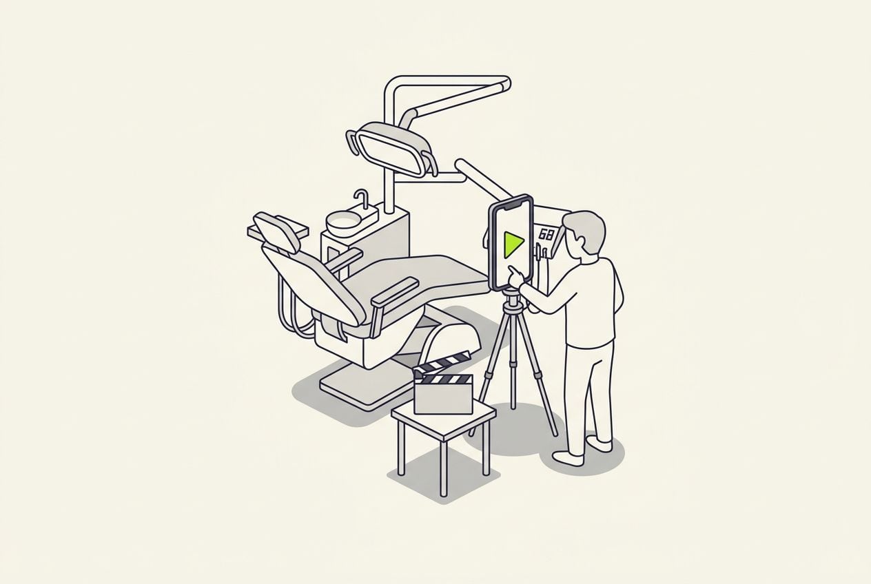 Drawn scene: a dental chair and an overhead lamp, the owner filming a short vertical video on a phone.