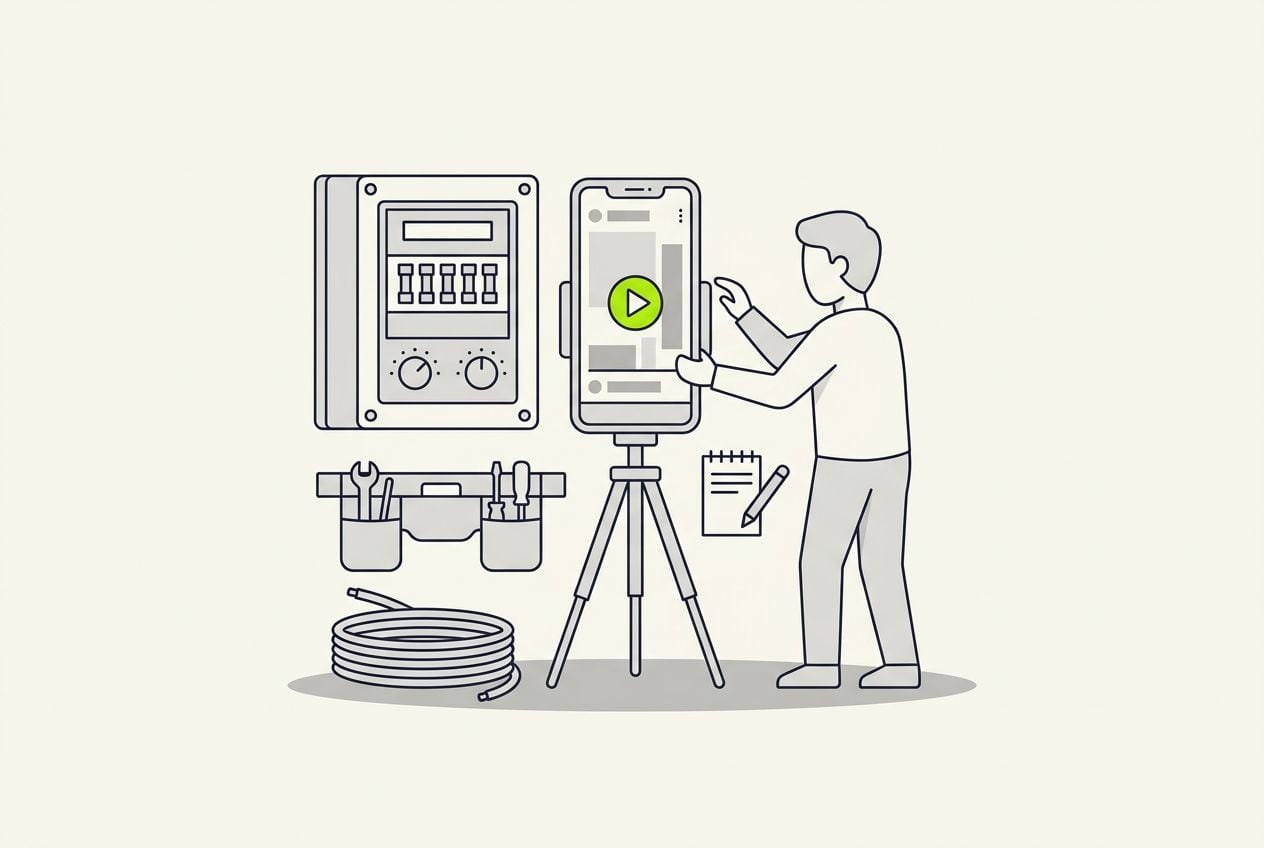 Drawn scene: a fuse box, a tool belt and a coil of cable, the owner filming a short vertical video on a phone.