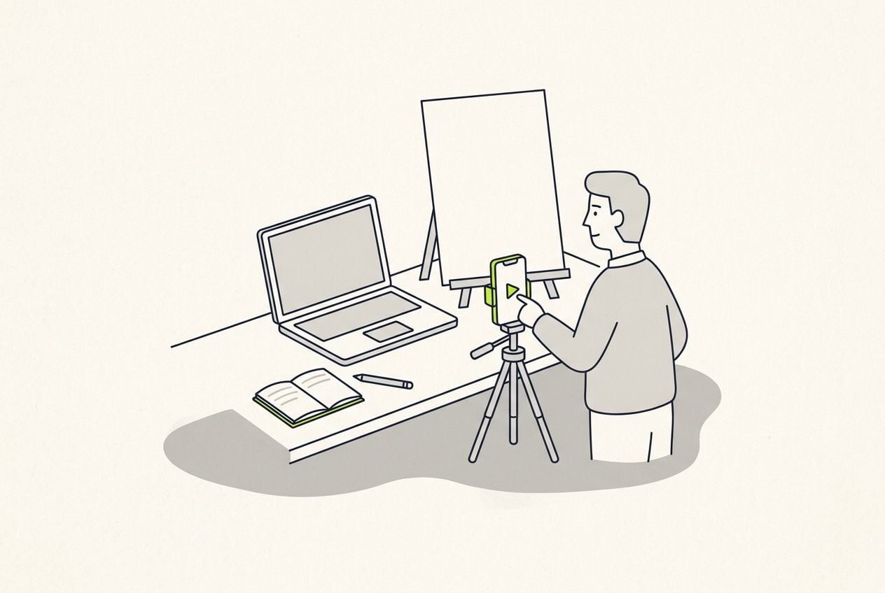 Drawn scene: a desk with a laptop and a blank poster board, the owner filming a short vertical video on a phone.