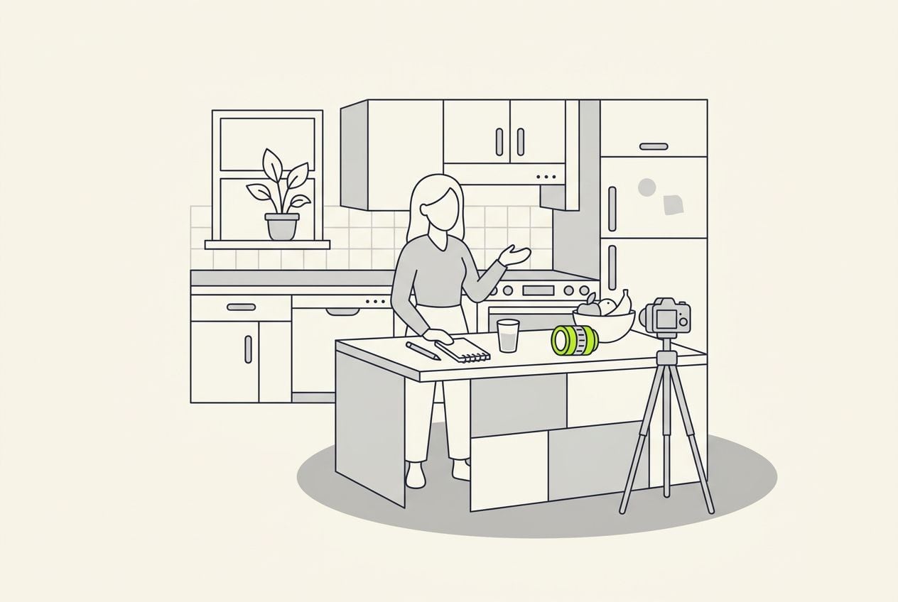 Drawn scene: dietitian talking in bright kitchen.