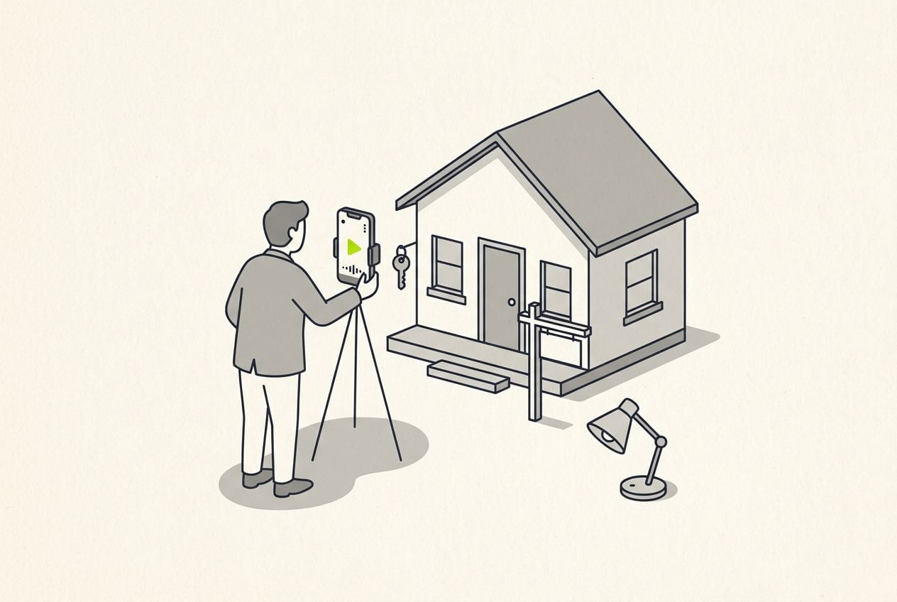 Drawn scene: a house front with a small sign post and a key, the owner filming a short vertical video on a phone.