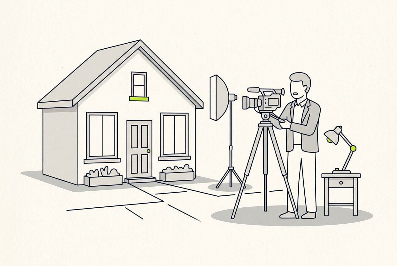 Drawn scene: investor filming video outside house.