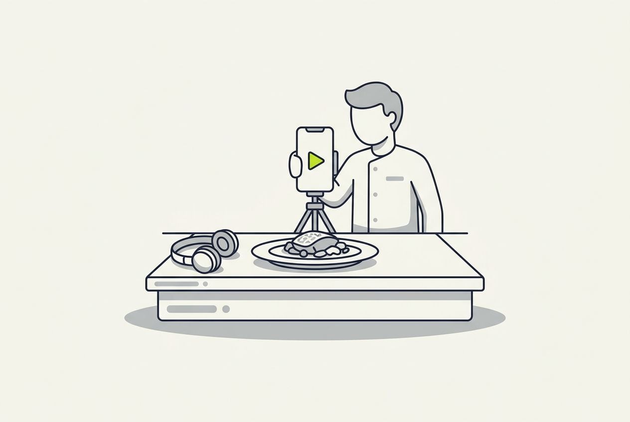 Drawn scene: a plated dish on a kitchen pass, the owner filming a short vertical video on a phone.