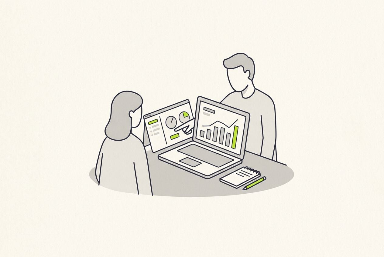 Drawn scene: consultant pointing at an analytics chart on a laptop beside a client.