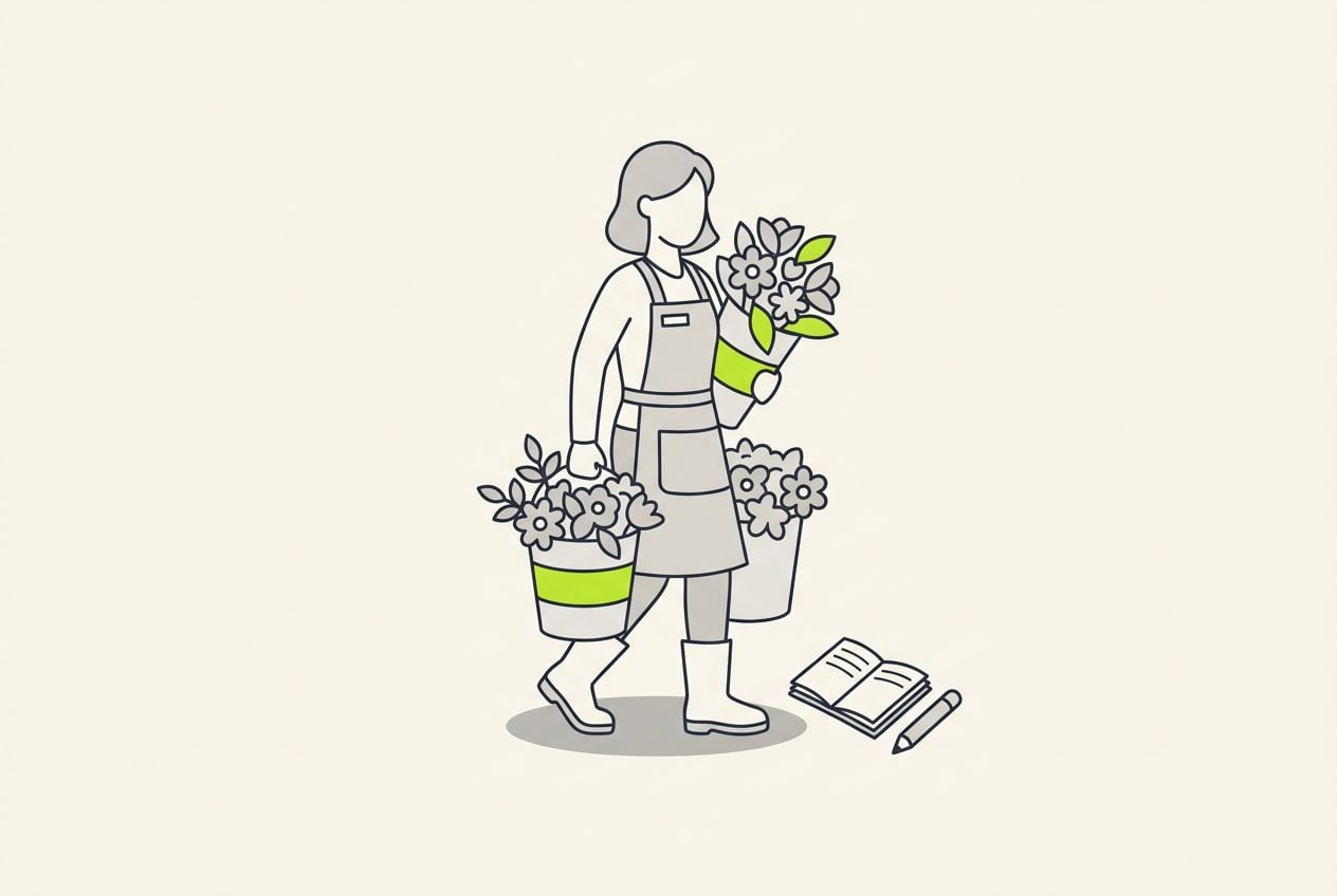 Drawn scene: florist carrying buckets of flowers at an early morning market.