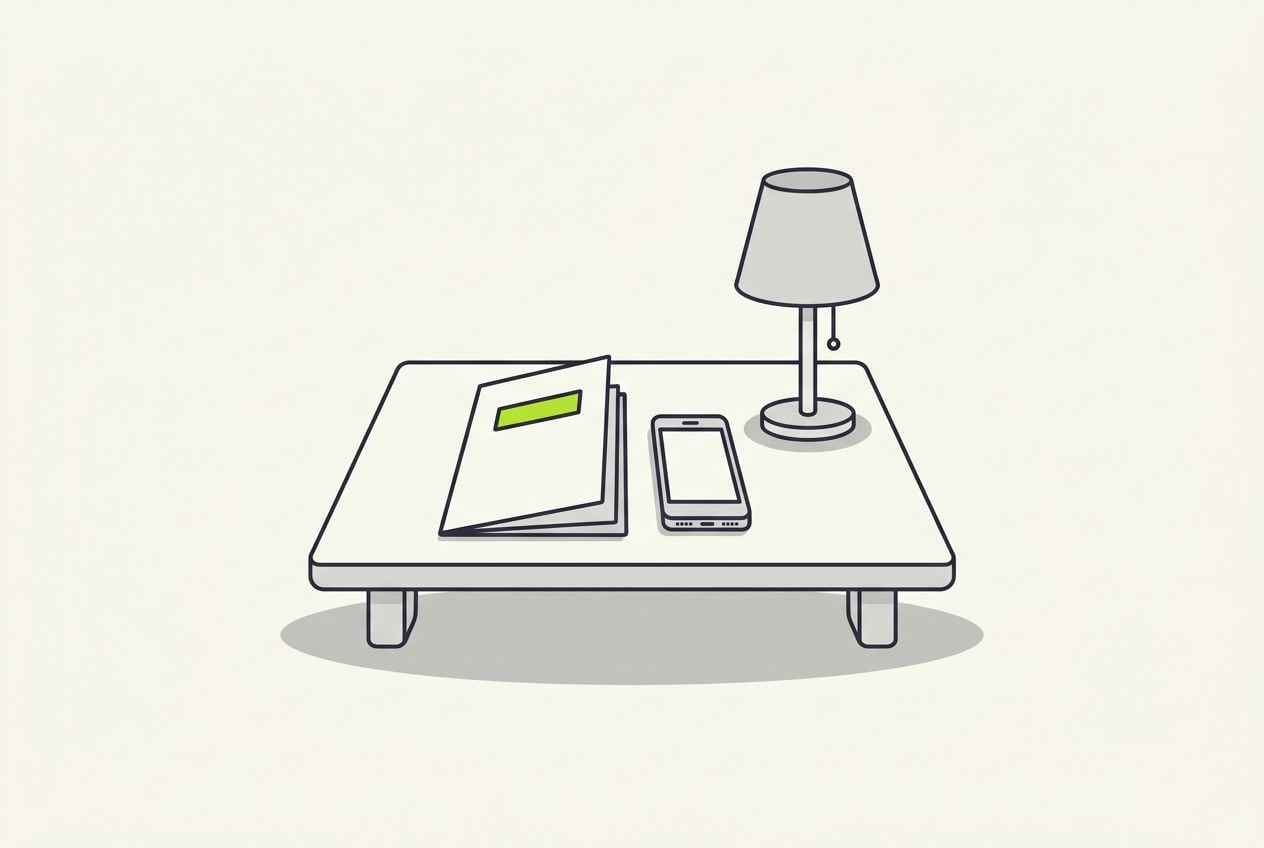 Drawn scene: restaurant table with a paper menu beside a phone.