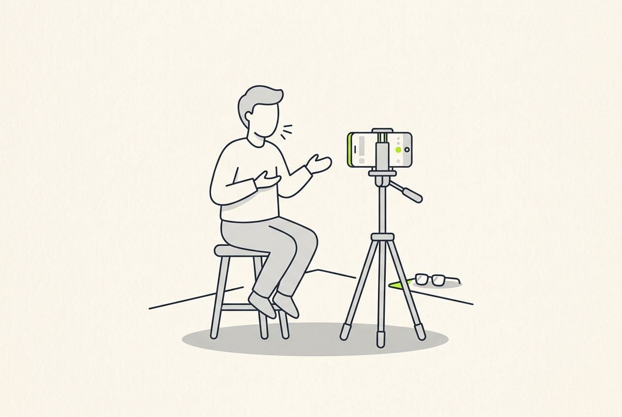Drawn scene: a person on a stool talking to a phone on a tripod.
