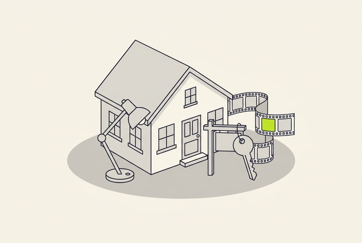 Drawn scene: a house front with a small sign post and a key, with a film strip with one frame marked in lime.