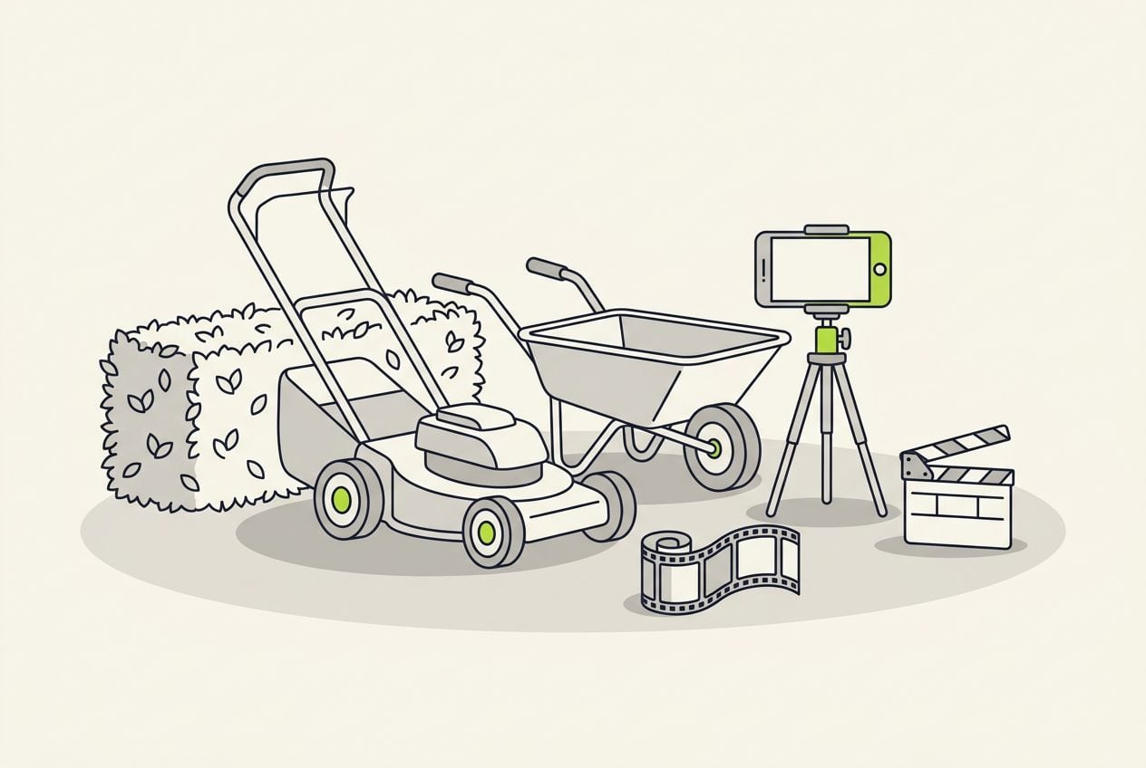 Drawn scene: a hedge, a lawn mower and a wheelbarrow, with a phone on a tripod filming and a short film strip.
