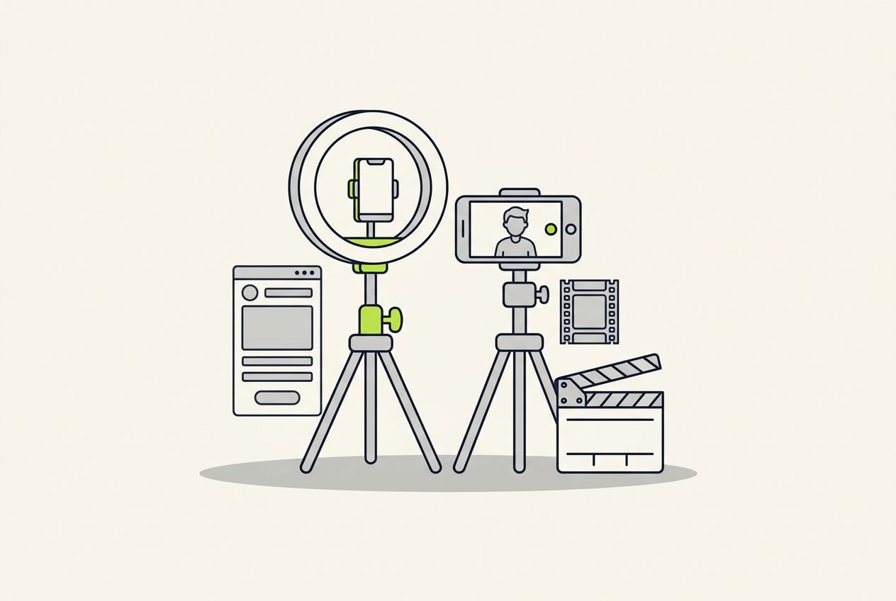 Drawn scene: a ring light and a phone on a tripod, with a phone on a tripod filming and a short film strip.