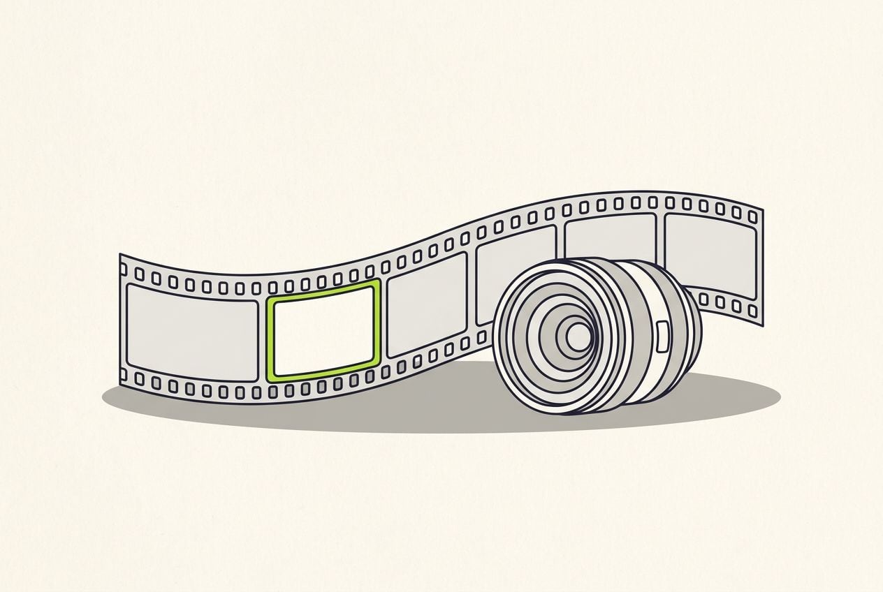 Drawn desk scene: a film strip with one frame marked in lime.
