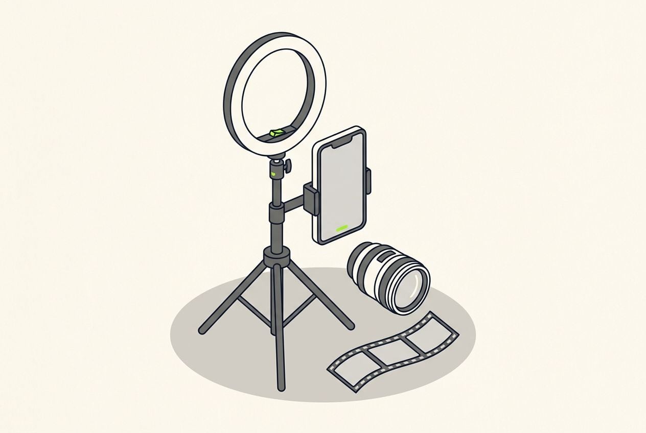 Drawn scene: a ring light and a phone on a tripod, with a phone on a tripod filming and a short film strip.