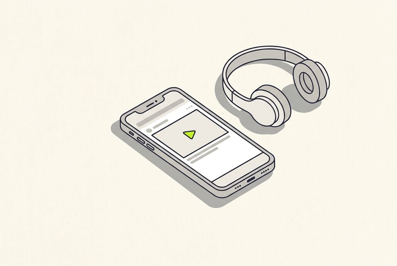 Drawn desk scene: a phone showing a blank ad frame and a small lime play button.