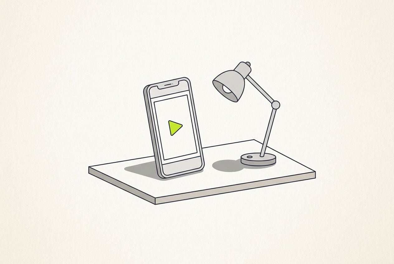 Drawn desk scene: a phone showing a blank ad frame and a small lime play button.
