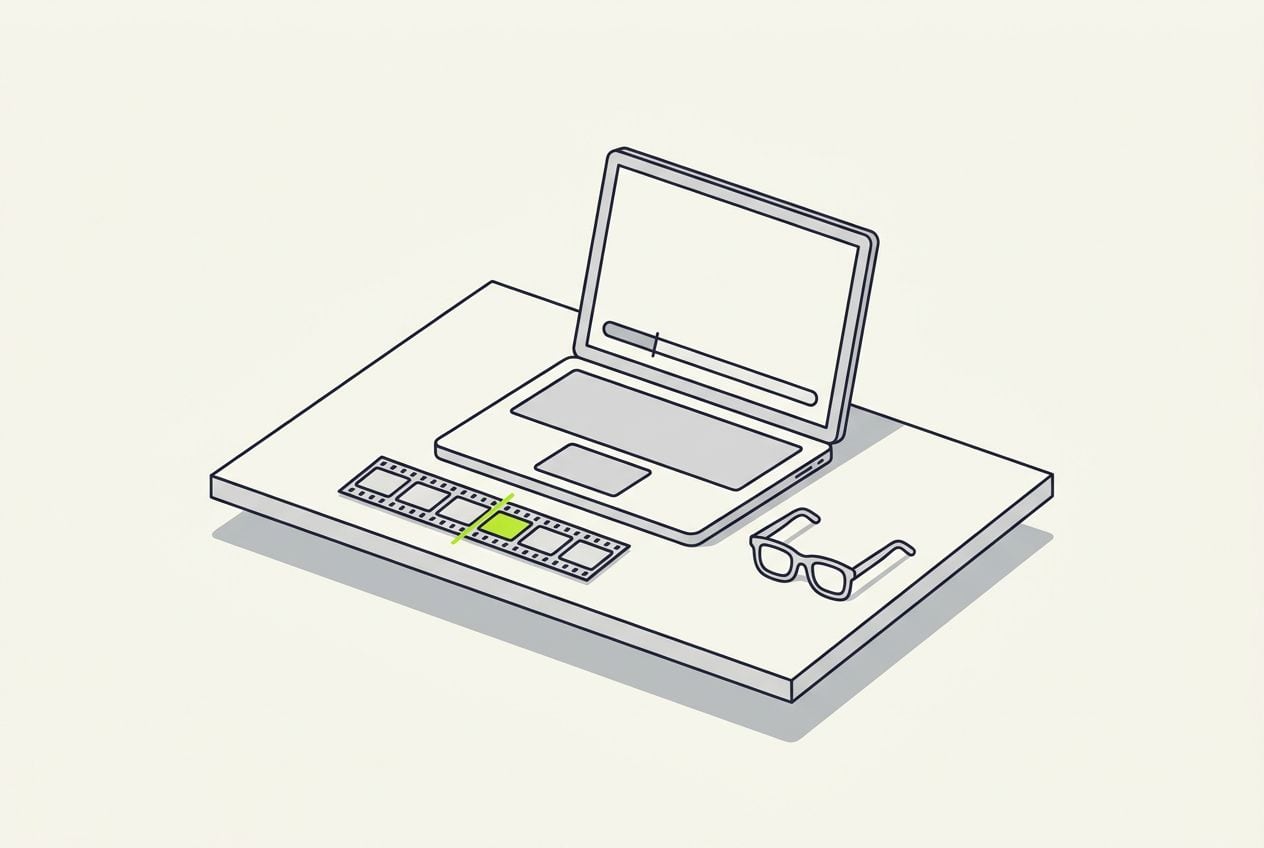 Drawn desk scene: a laptop with a short film strip and one lime cut mark.