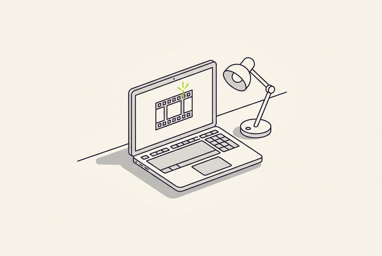 Drawn desk scene: a laptop with a short film strip and one lime cut mark.