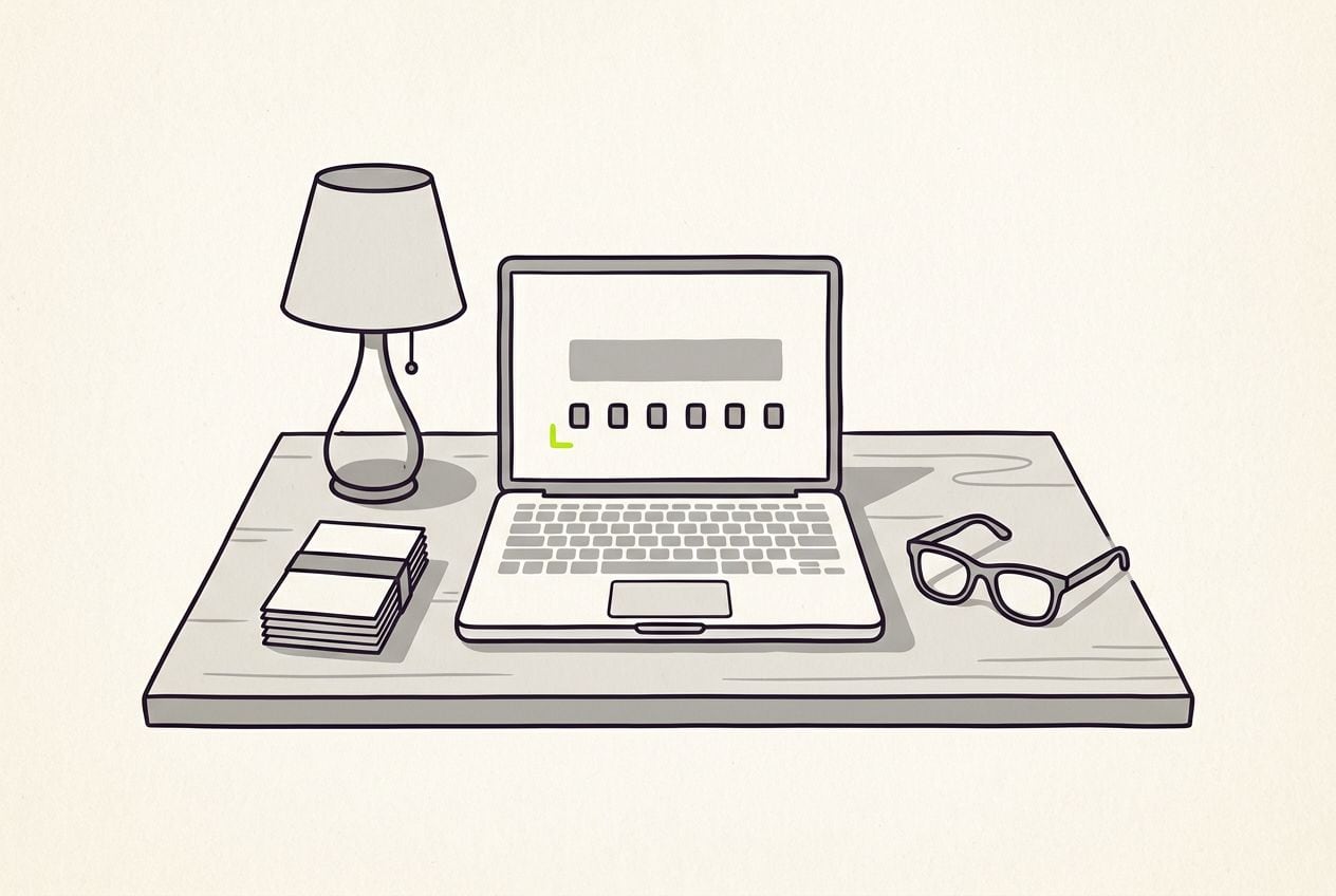 Drawn scene: a desk with a lamp and a stack of blank cards, with a laptop with a short film strip and one lime cut mark.