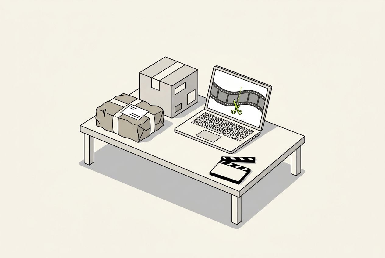 Drawn scene: a parcel, a product box and a table, with a laptop with a short film strip and one lime cut mark.