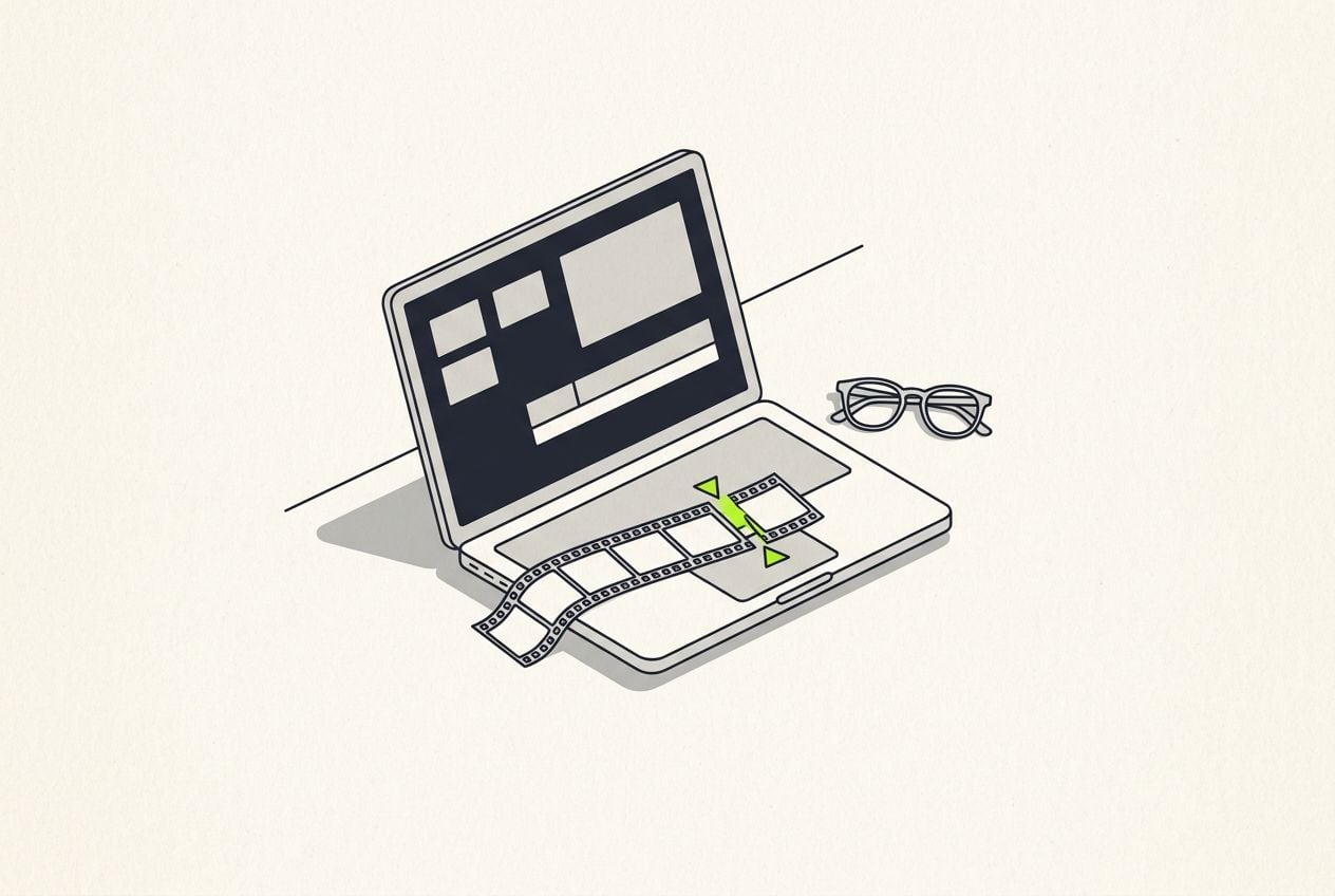 Drawn desk scene: a laptop with a short film strip and one lime cut mark.