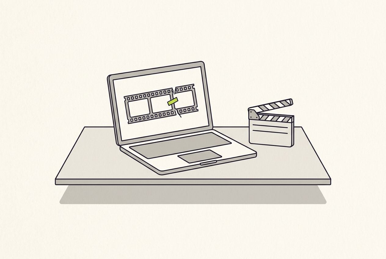 Drawn desk scene: a laptop with a short film strip and one lime cut mark.