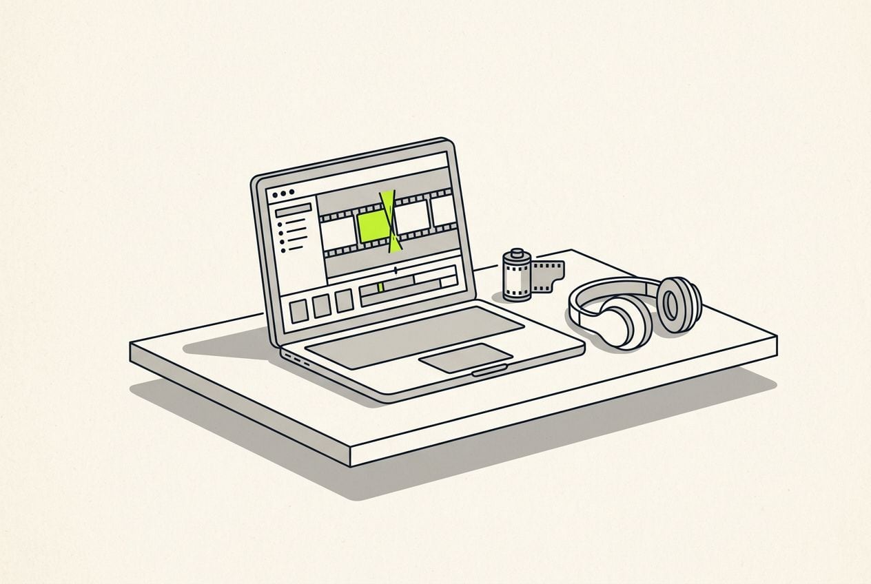 Drawn desk scene: a laptop with a short film strip and one lime cut mark.
