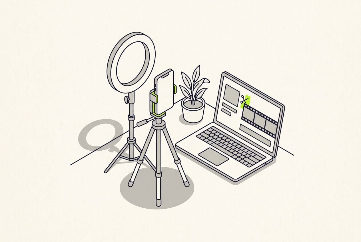 Drawn scene: a ring light and a phone on a tripod, with a laptop with a short film strip and one lime cut mark.