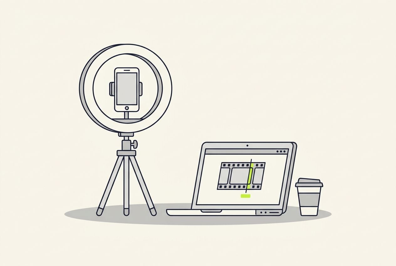 Drawn scene: a ring light and a phone on a tripod, with a laptop with a short film strip and one lime cut mark.
